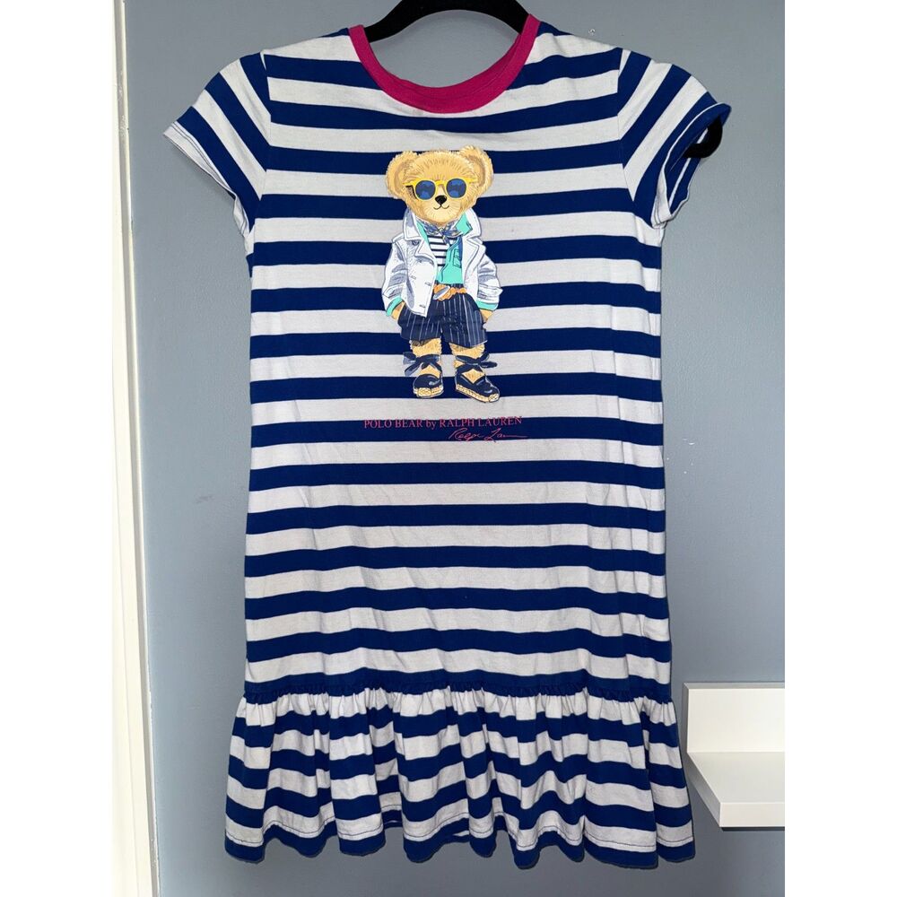 Polo Bear By Ralph Lauren Girls Navy & White Striped Dress | Size M (8-10)